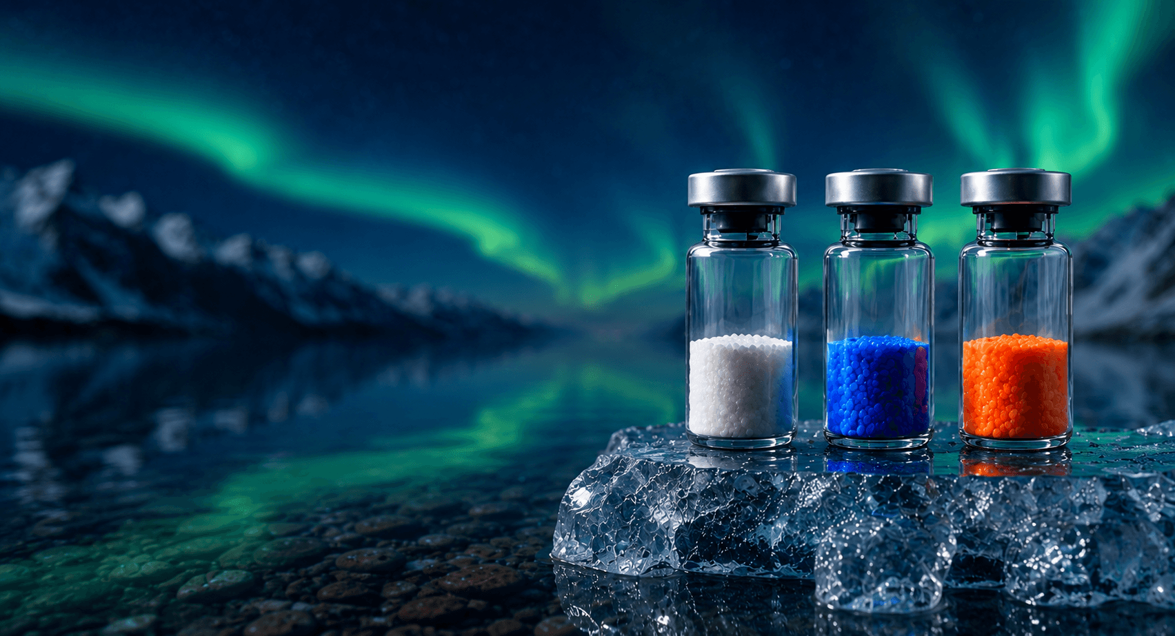 Research vials of white, blue, and orange powder on an ice ledge under the aurora.