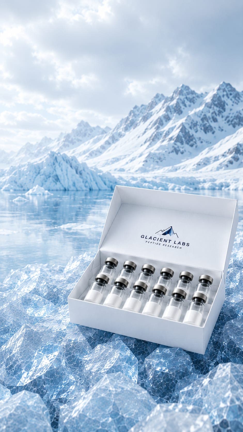 Branded Glacient Labs kit box of ten unlabeled vials resting on glacial ice, with a frozen lake and snow-capped peaks behind.