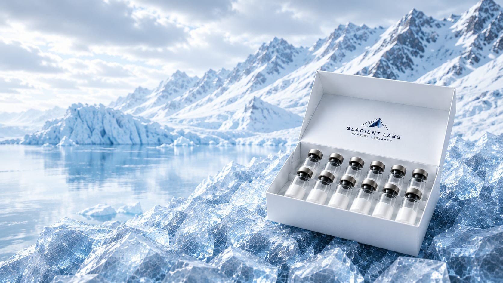 Branded Glacient Labs kit box of ten unlabeled vials resting on glacial ice, with a frozen lake and snow-capped peaks behind.