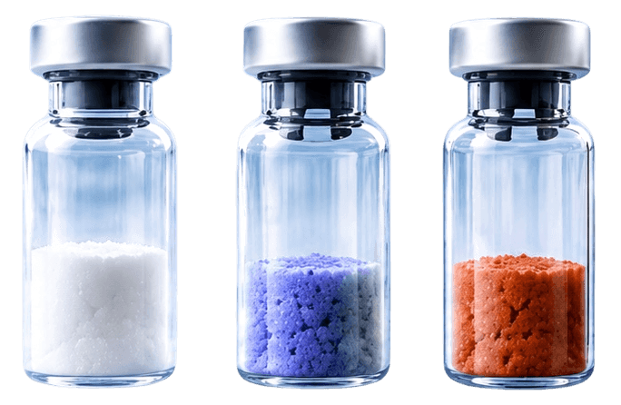 Three research vials of white, cobalt-blue, and burnt-orange lyophilized powder.