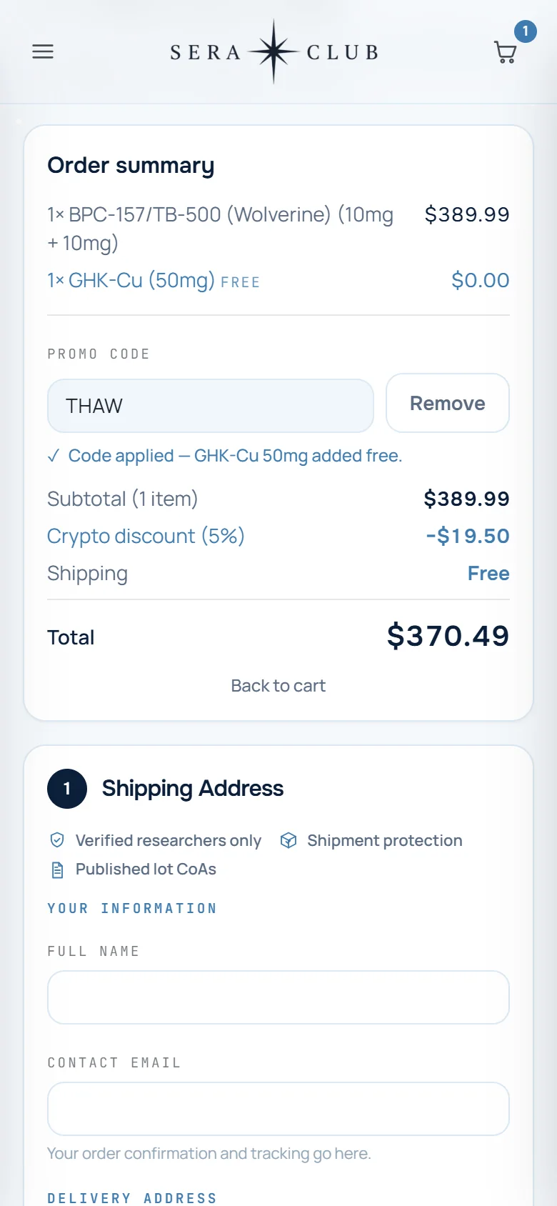 Checkout summary: GHK-Cu free, a 5% crypto discount of $19.50, and a total of $370.49.