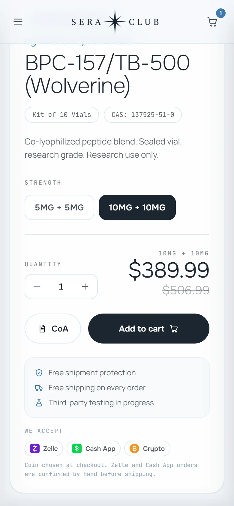 Product page for BPC-157/TB-500 with the 10mg + 10mg kit selected at $389.99.